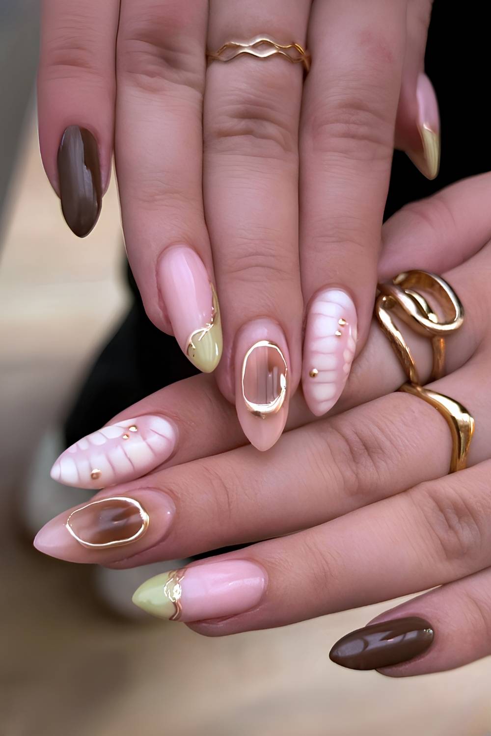 Brown and green mix and match fall manicure