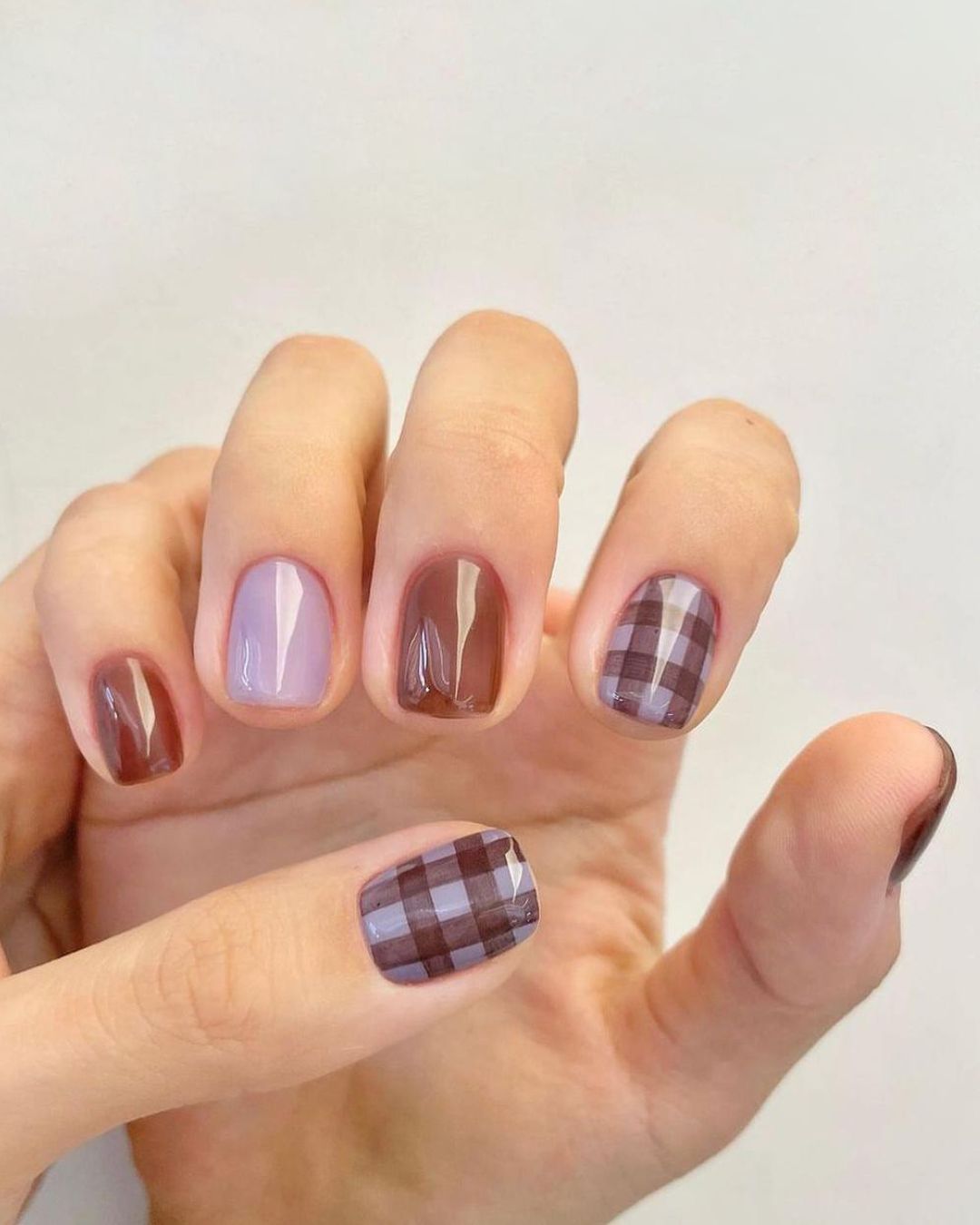 Brown and purple plaid nails