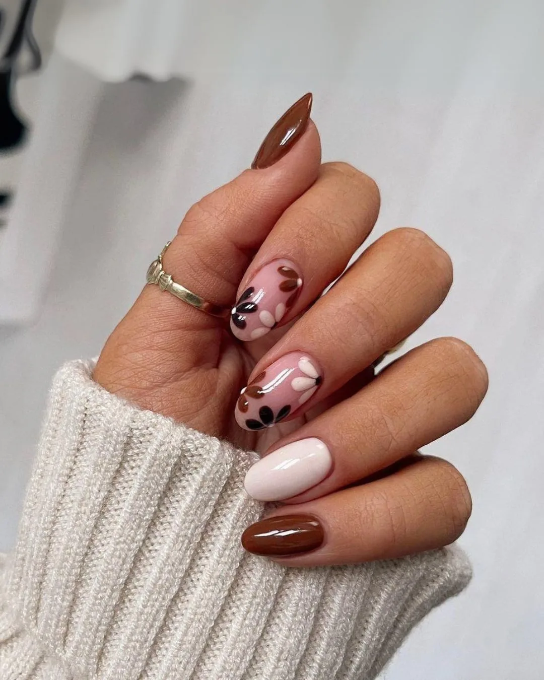 Brown and white Thanksgiving nails