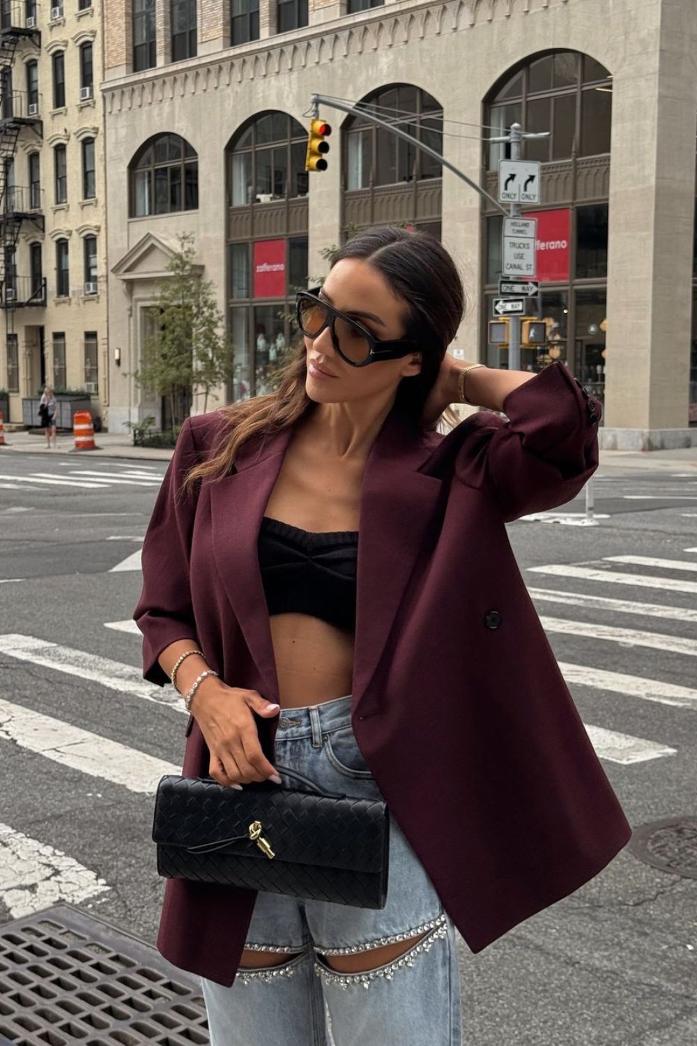 Burgundy Blazer & Ripped Jeans