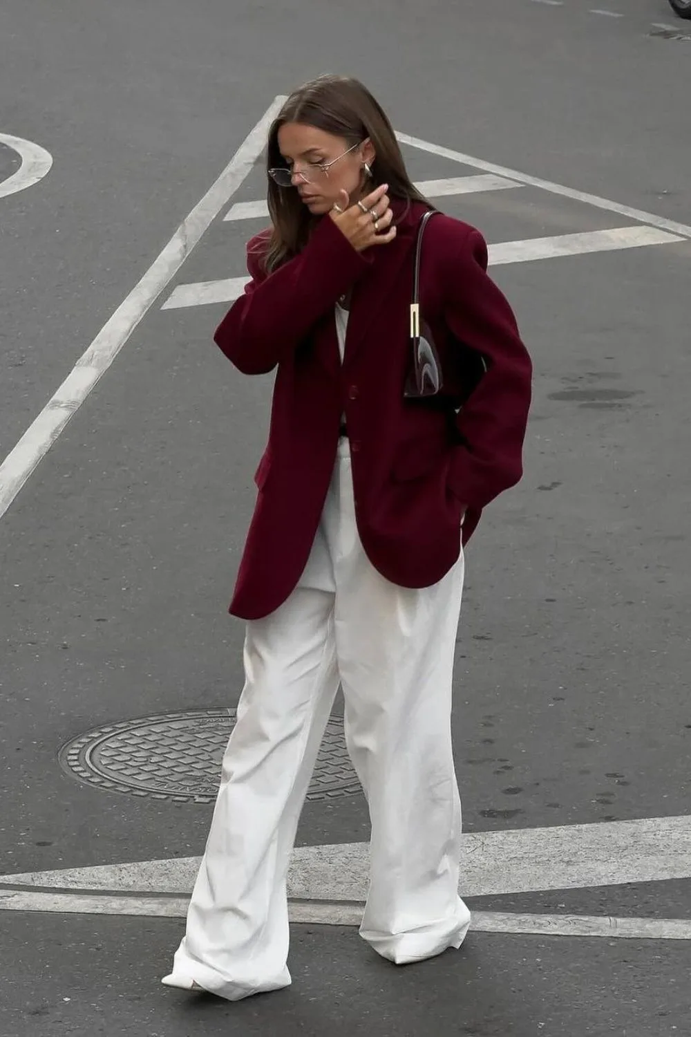 Burgundy Blazer & White Pants