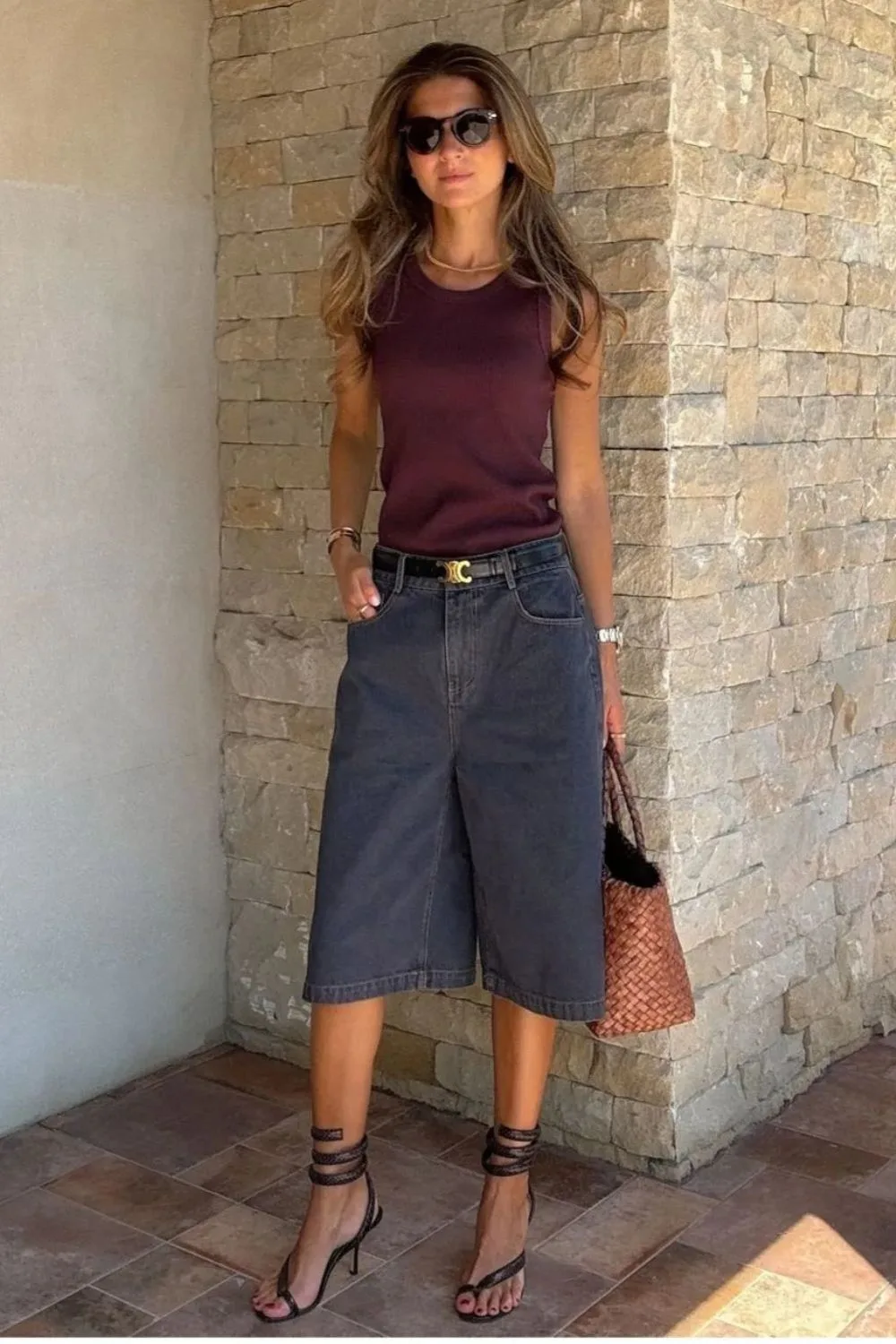 Burgundy Top & Dark Denim Bermudas