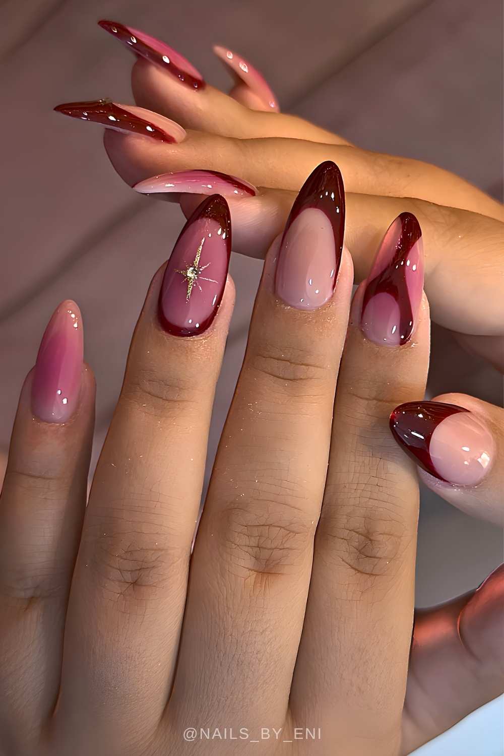 Burgundy and pink mix and match manicure