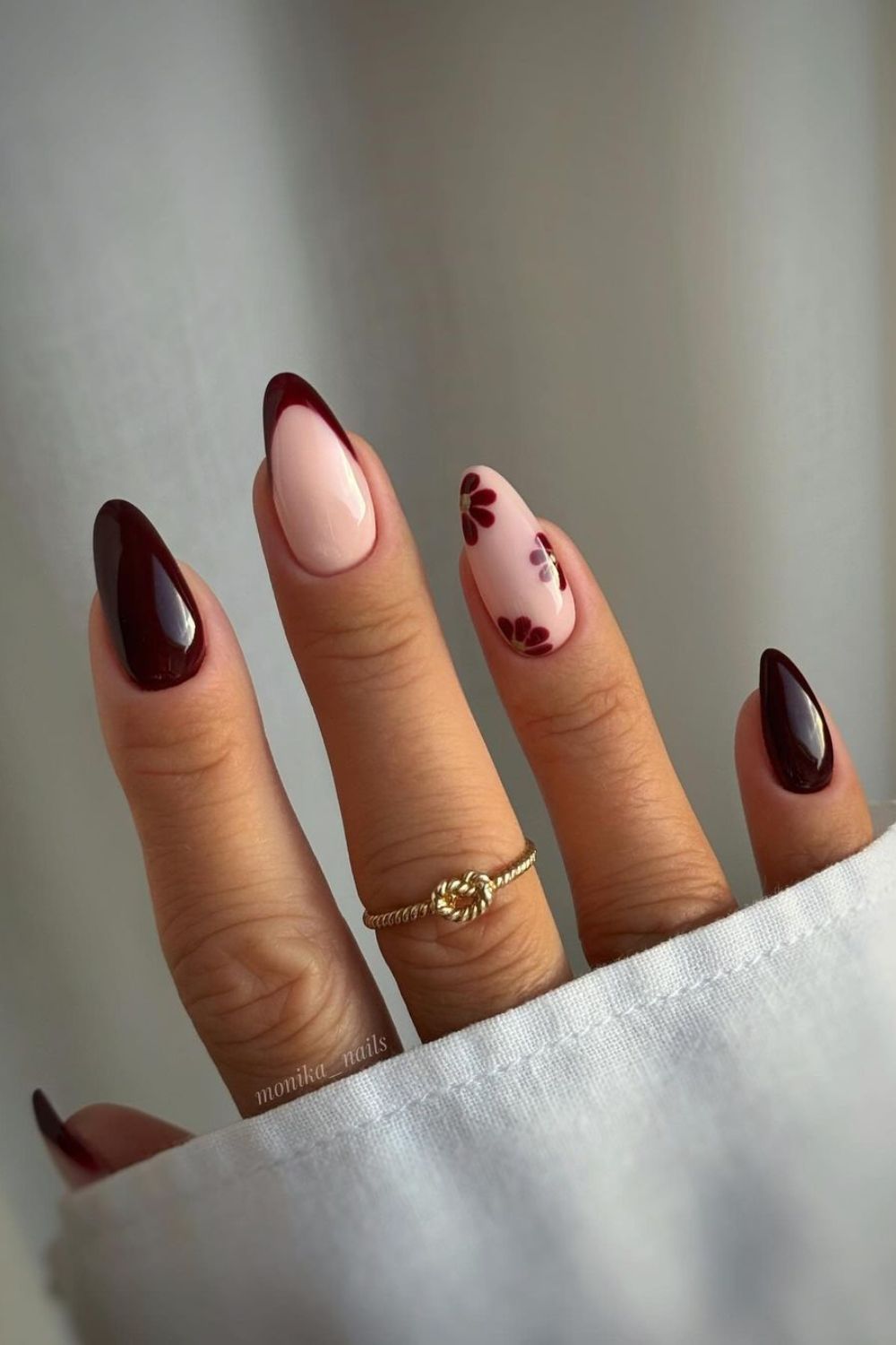 Burgundy floral manicure