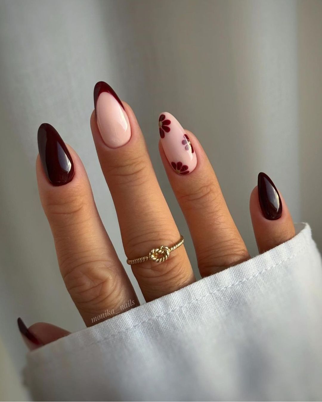 Burgundy floral manicure