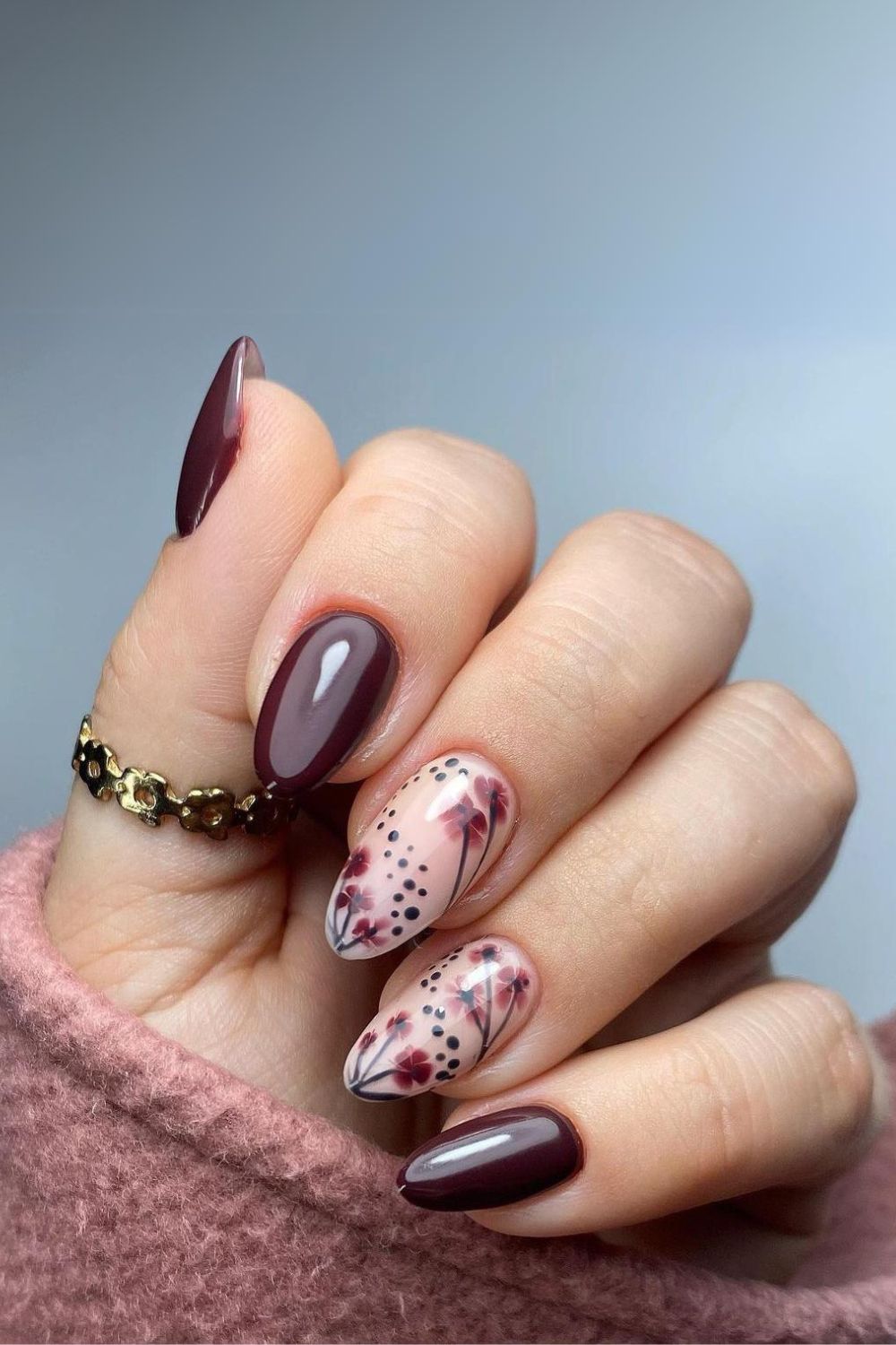 Burgundy floral nails