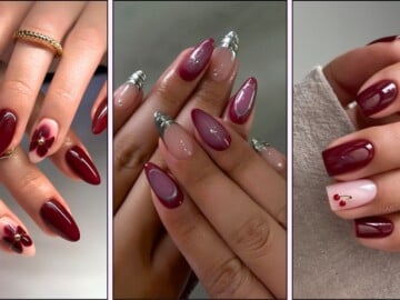 A collage of burgundy nail designs