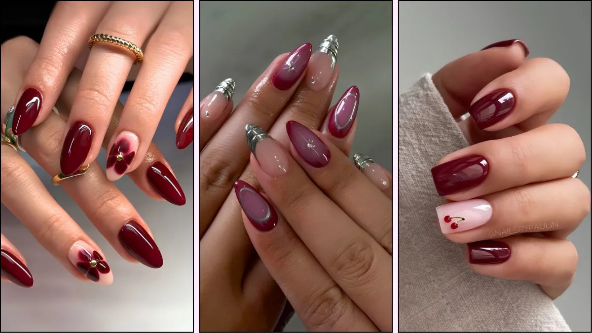 A collage of burgundy nail designs