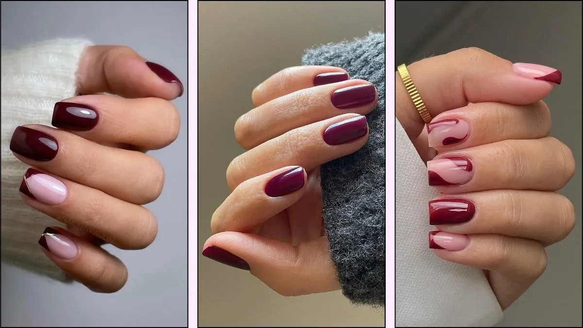 A collage of pretty burgundy nail designs