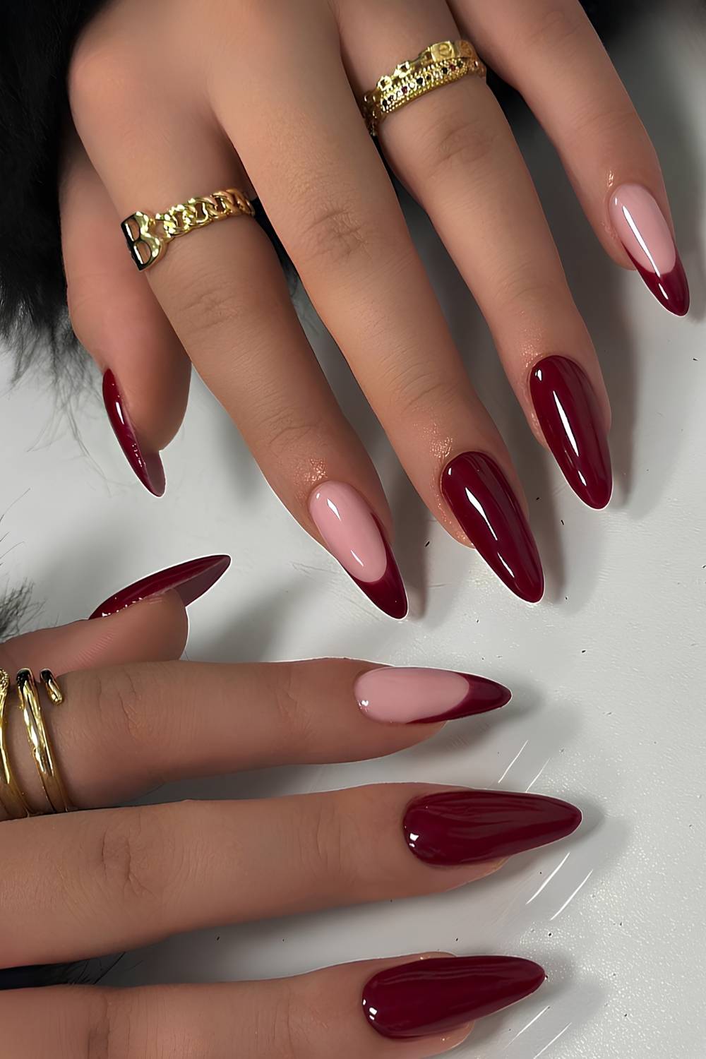 Burgundy nails with accent French tips