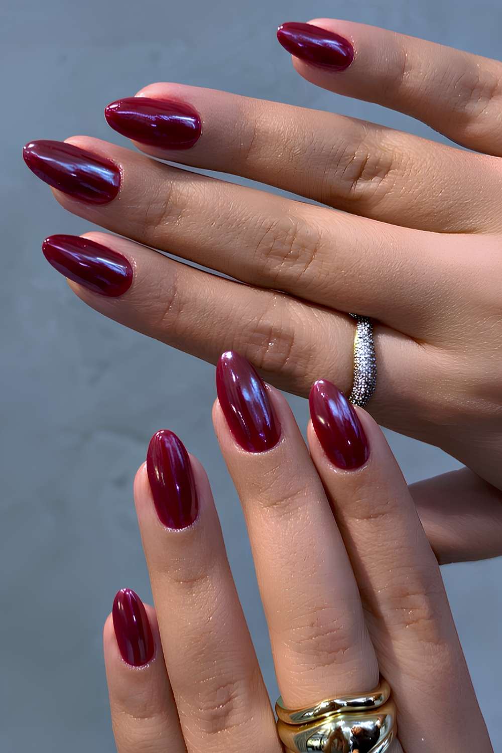 Burgundy nails with chrome finish