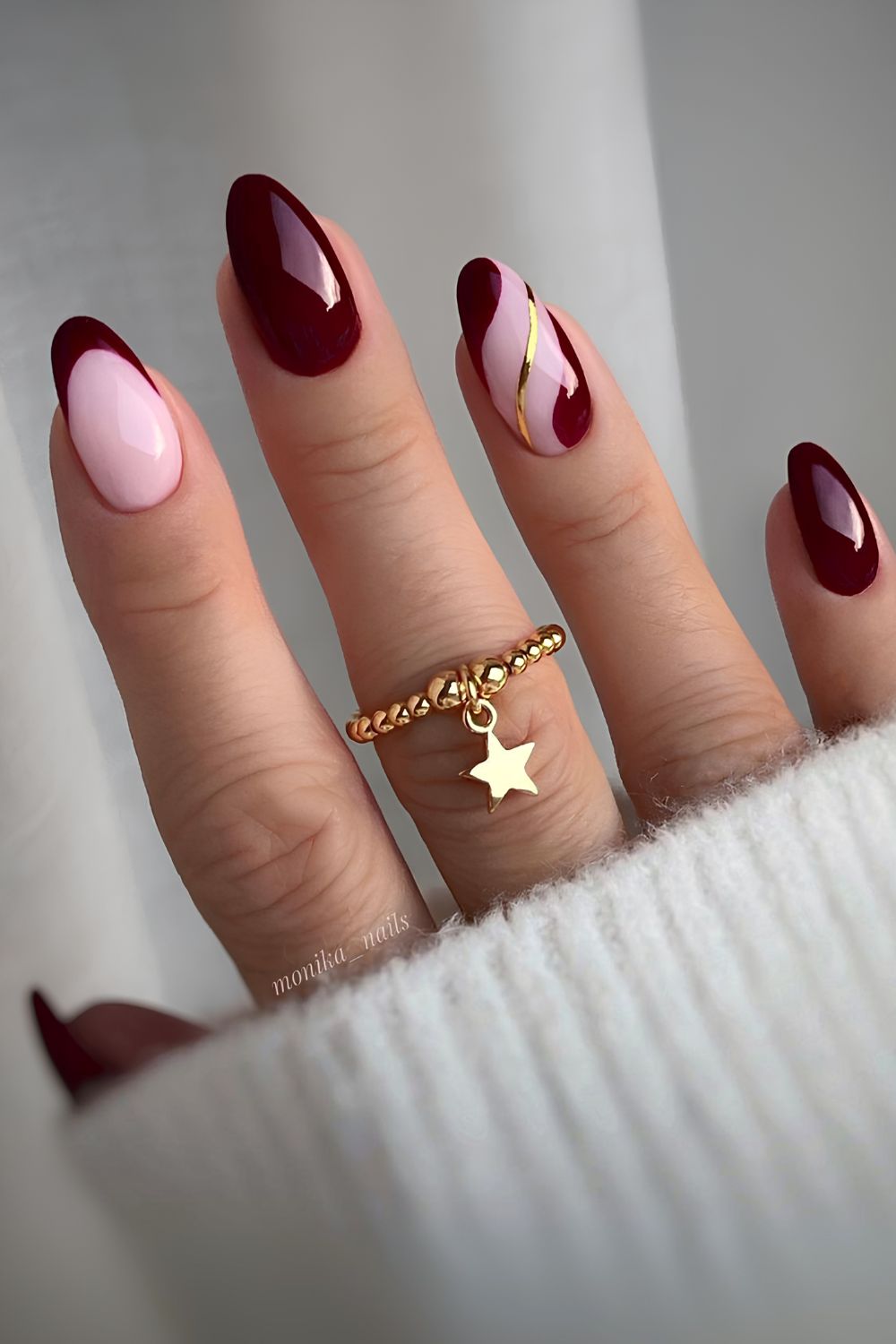 Burgundy nails with negative space and gold accents