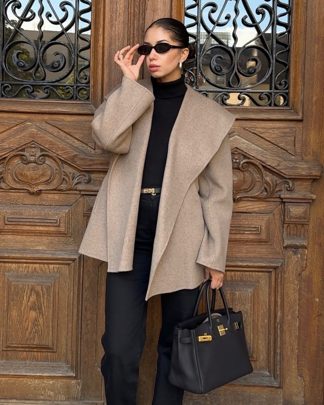 Camel Coat & Black Turtleneck