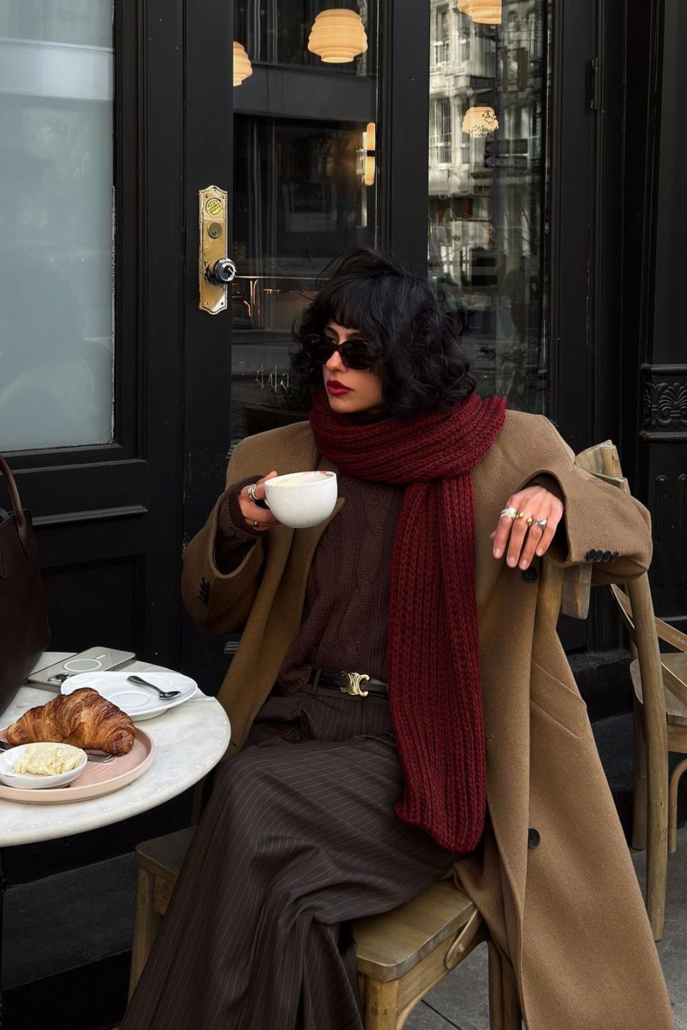 Camel Coat & Red Scarf