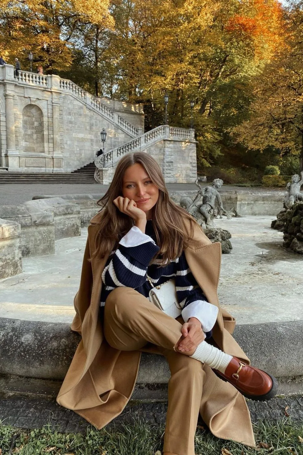 Camel coat with navy striped sweater and khaki pants