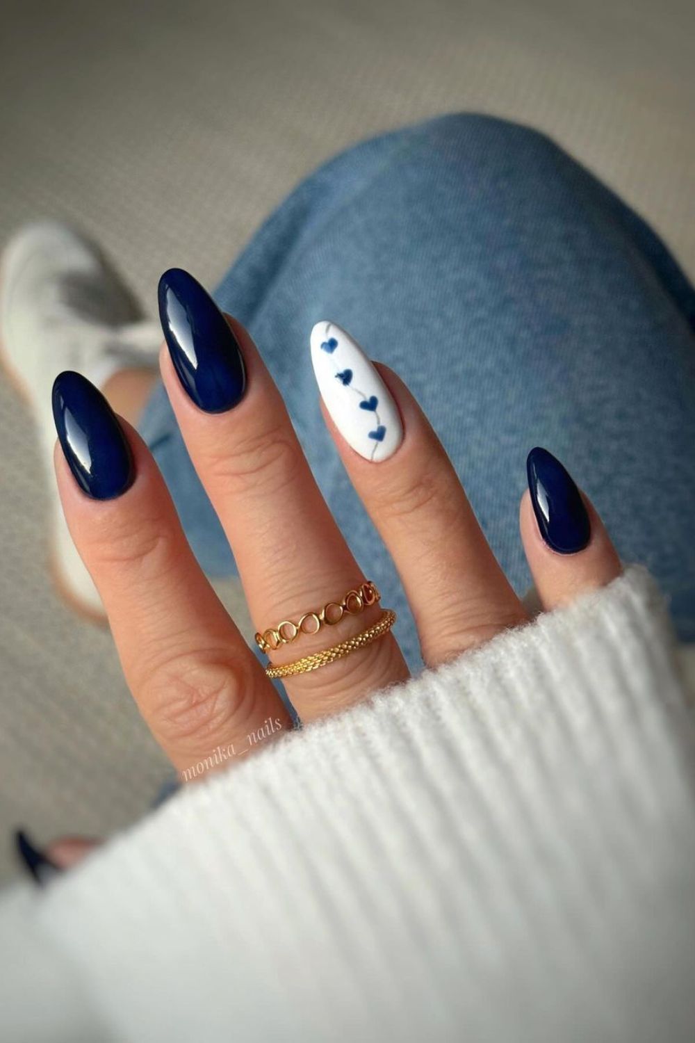 Dark blue mani with heart accents