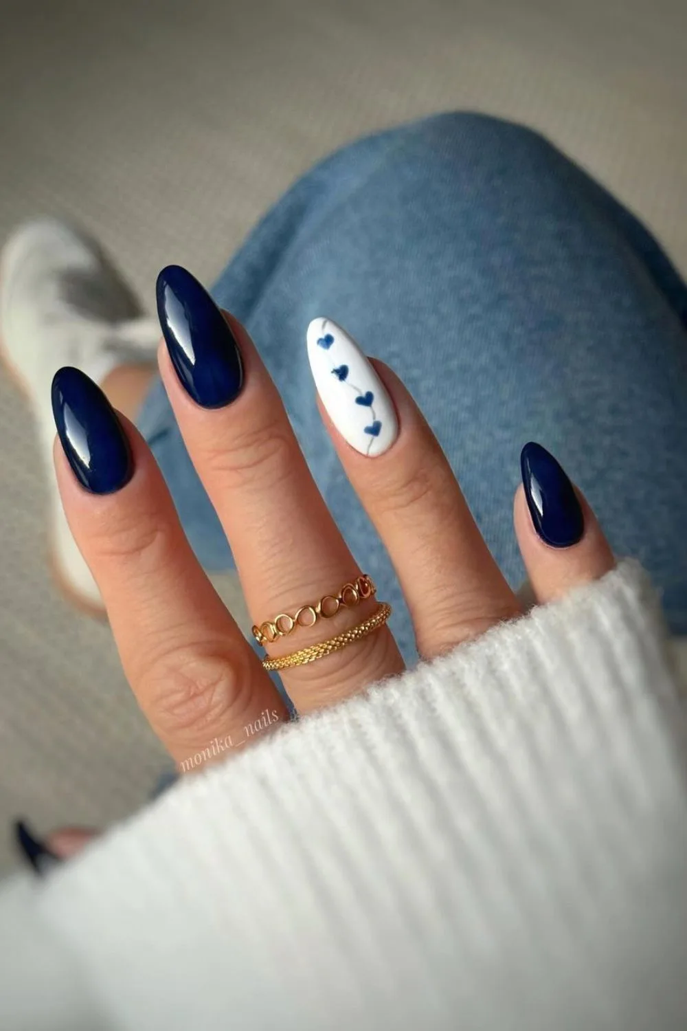 Dark blue mani with heart accents