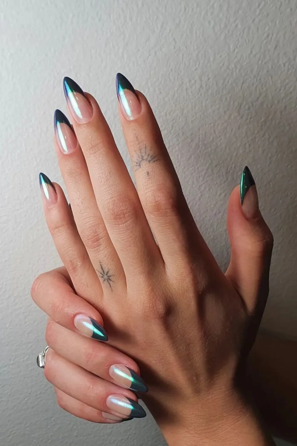 Dark green chrome French nails