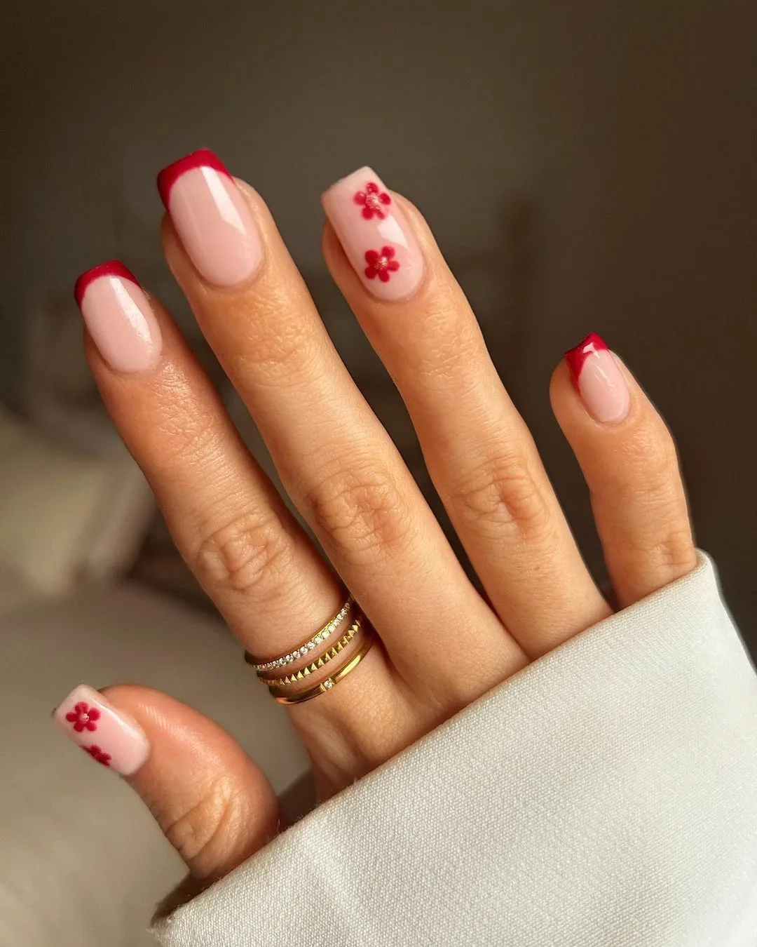 Dark red floral nails