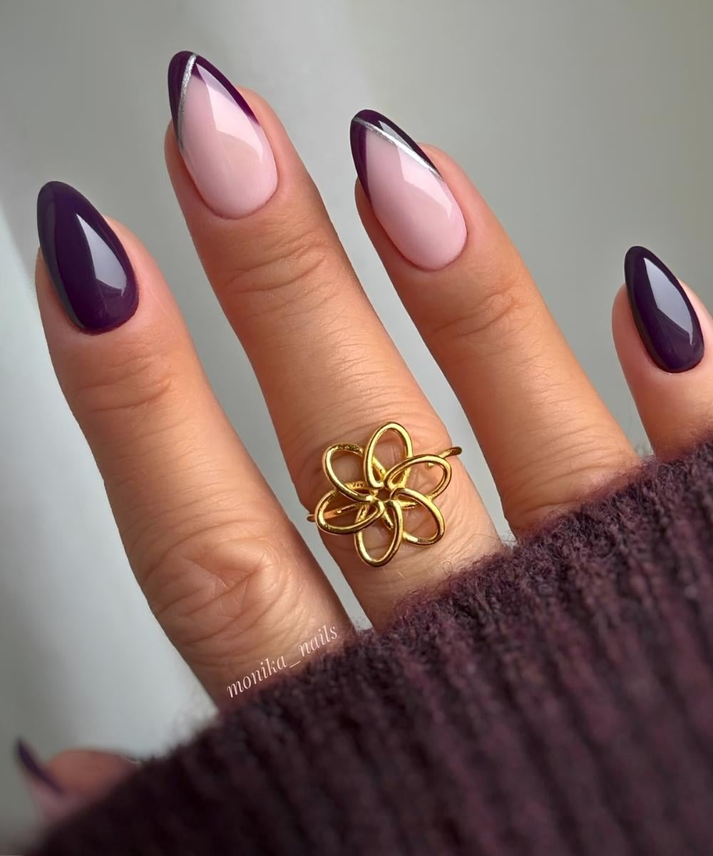 Eggplant purple nails with silver accents