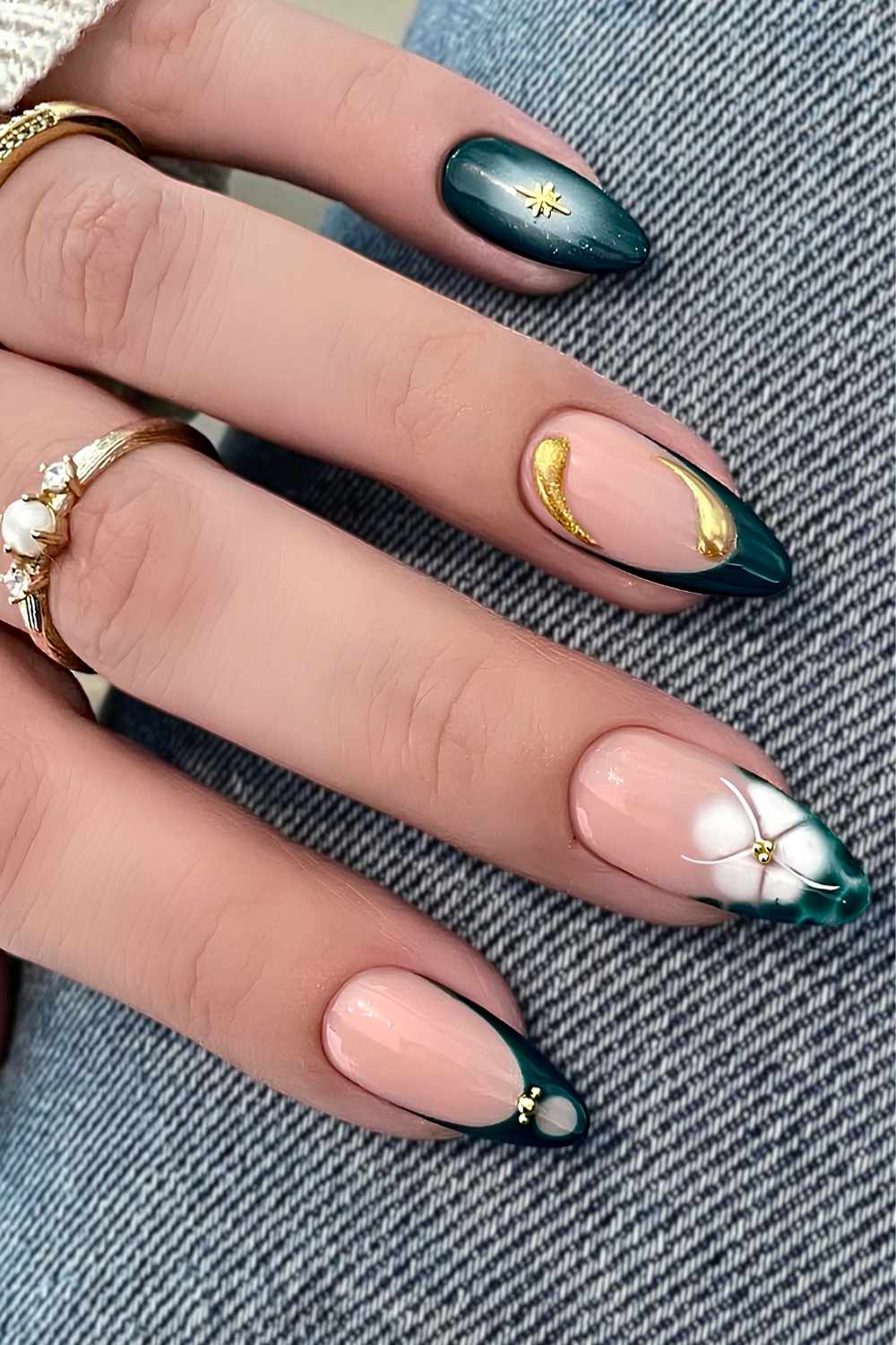 Emerald green and gold mix and match manicure