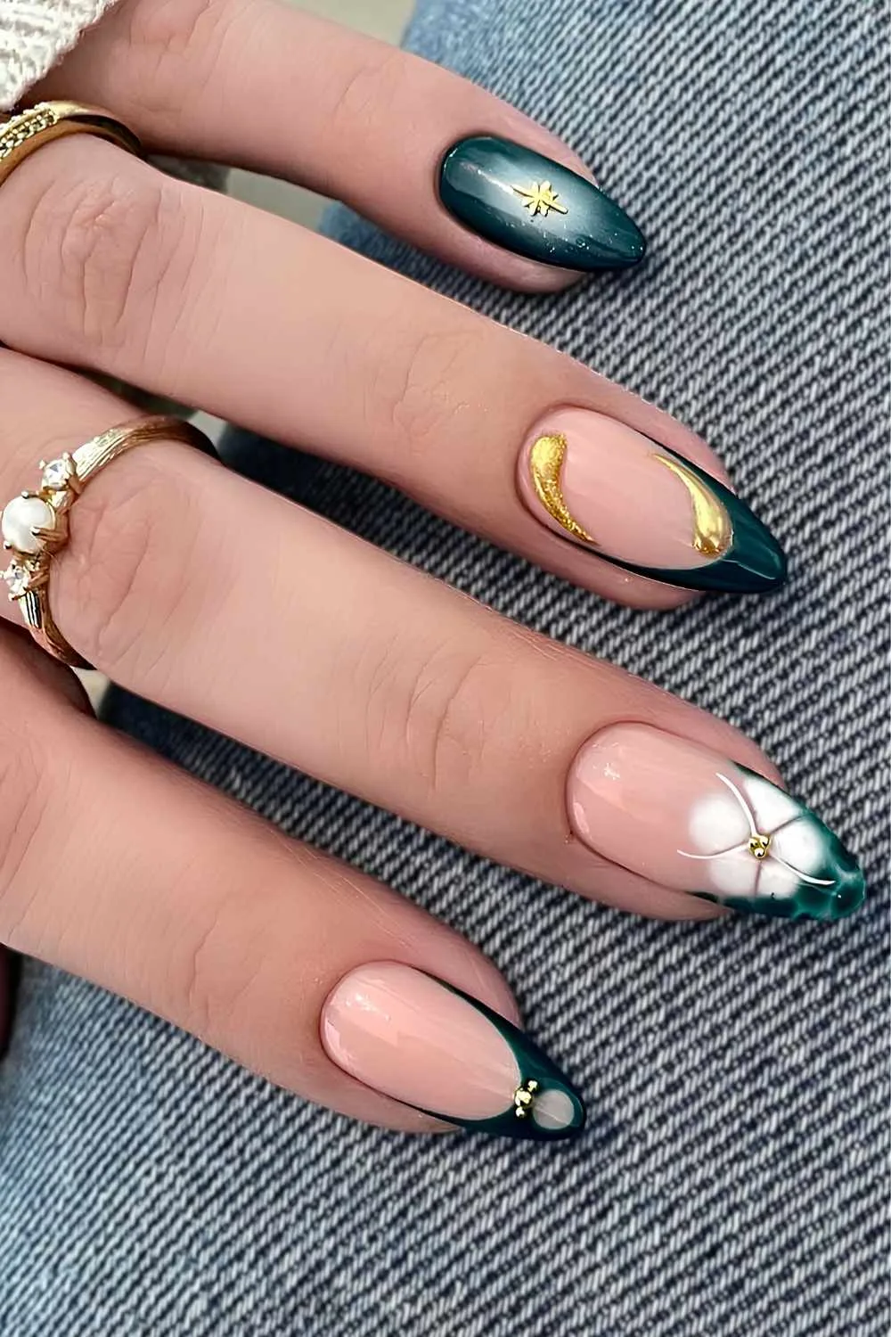 Emerald green and gold mix and match manicure