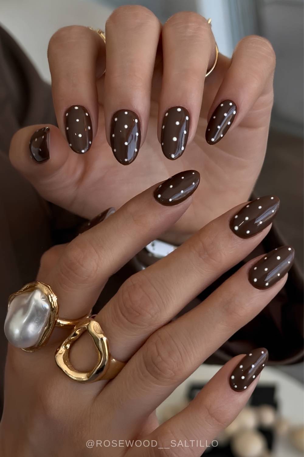 Espresso brown nails with white polka dots