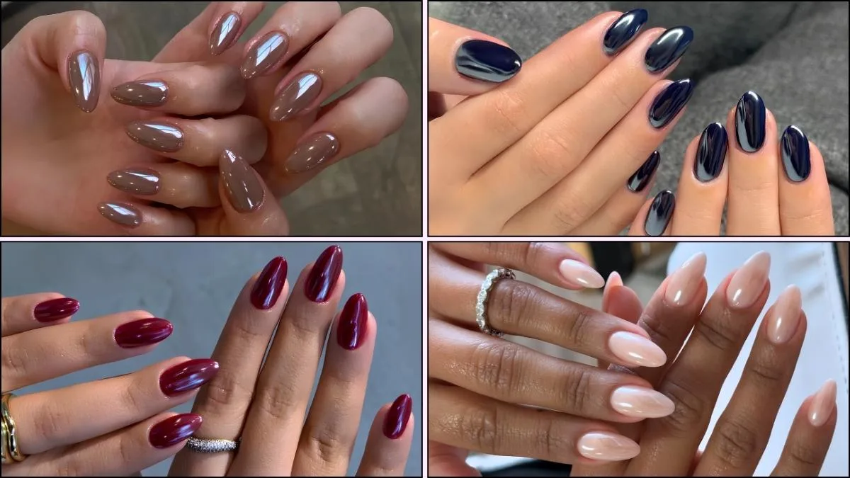 A collage of chrome nail designs for fall