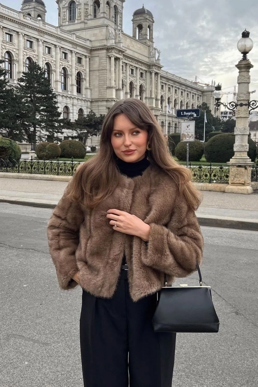 Faux Fur Jacket with Black Pants