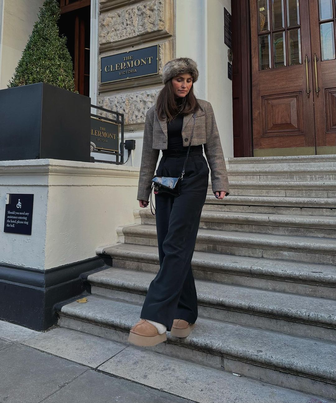 Fur Hat & Wide-Leg Pants