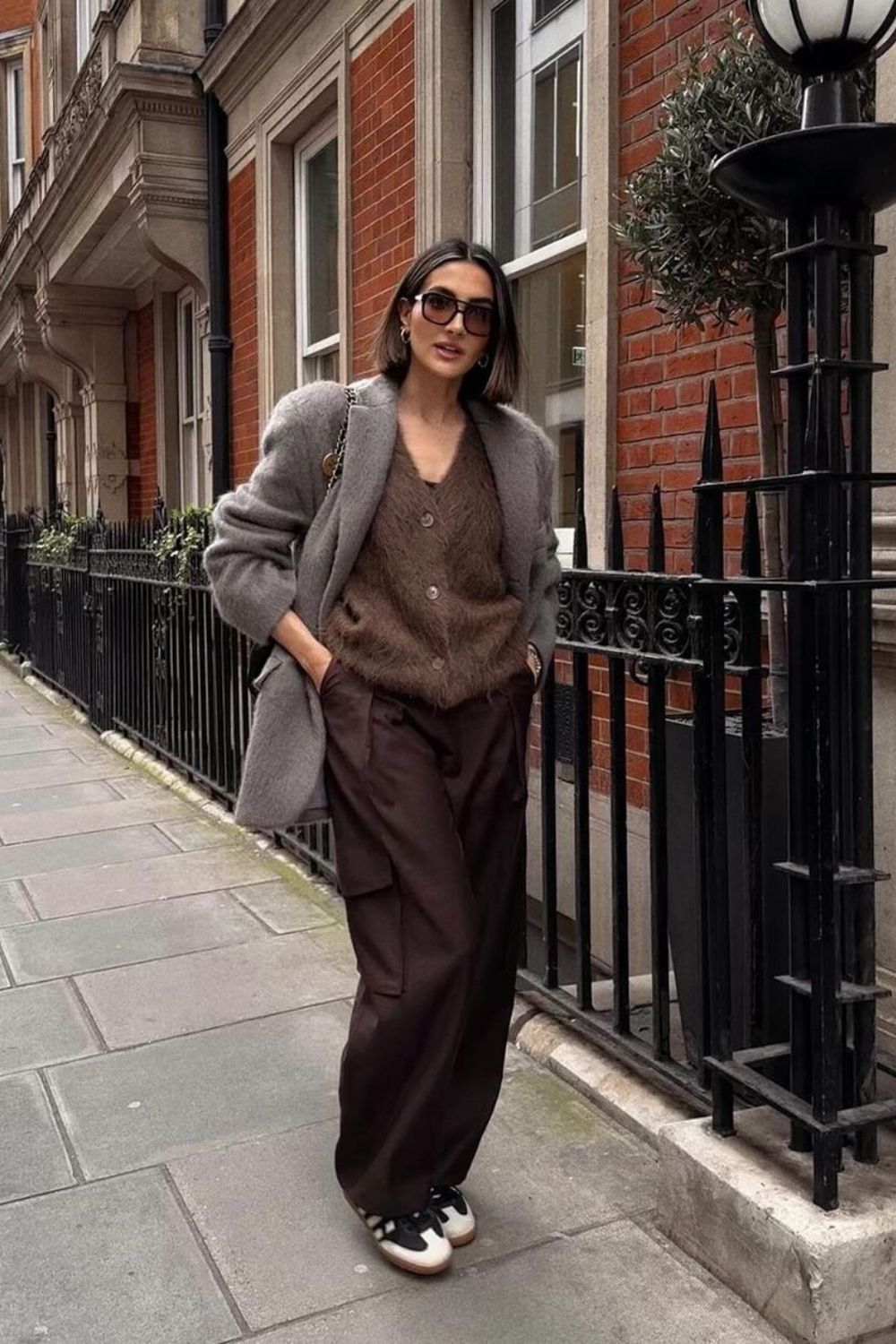 Fuzzy Brown Cardigan & Wide-Leg Pants