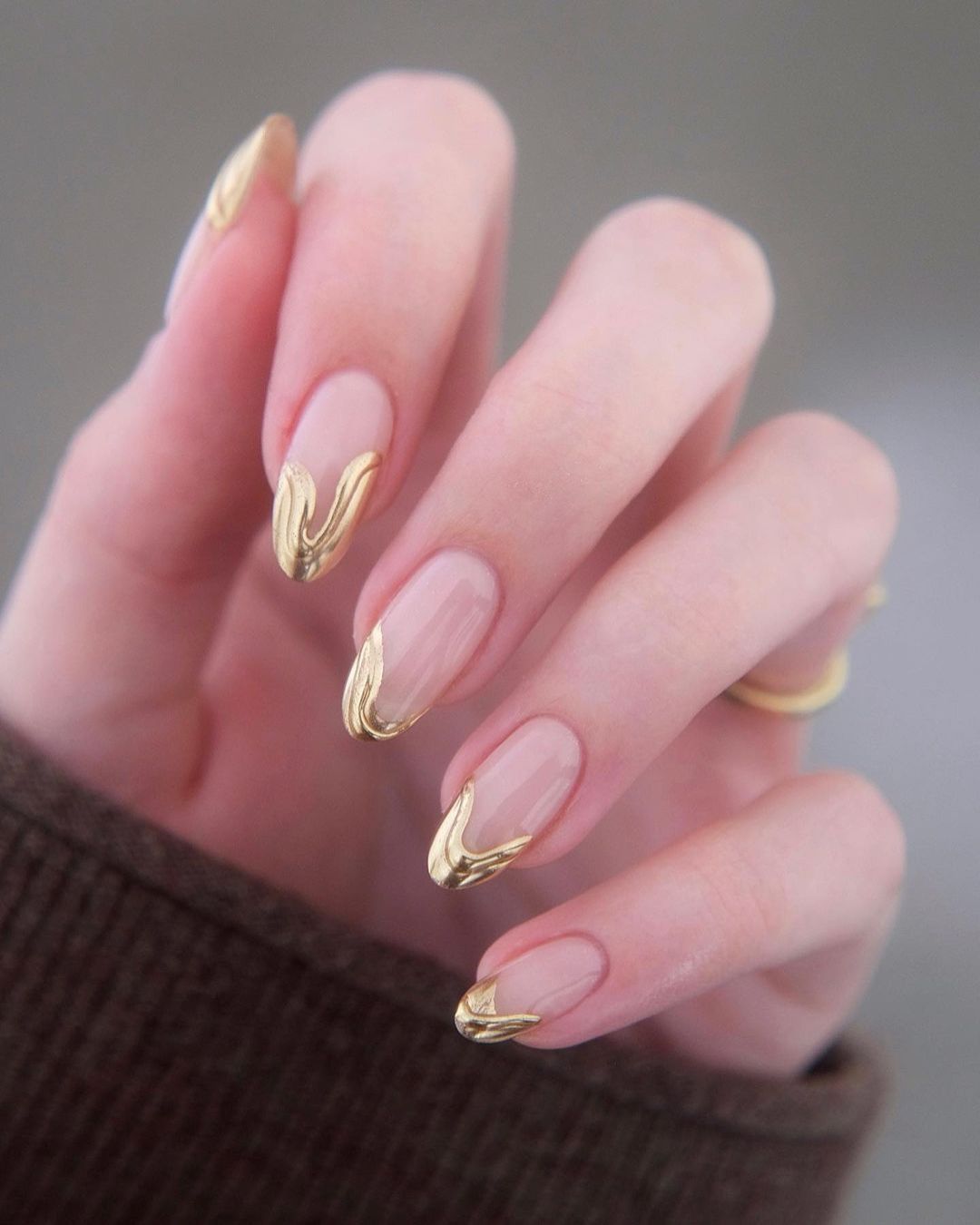 Gold drip French tip nails