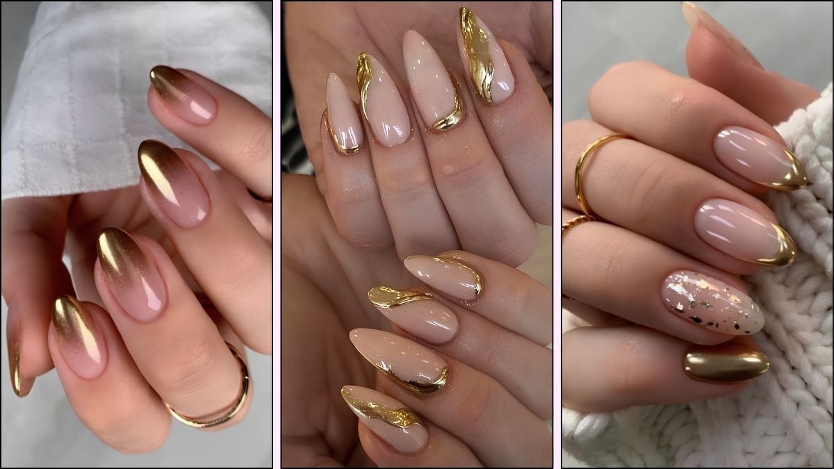 A collage of gold nail designs
