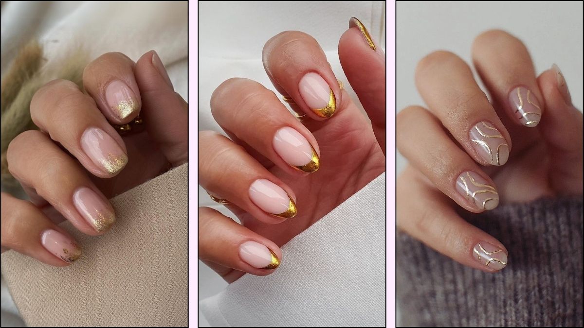 A collage of gold nail designs