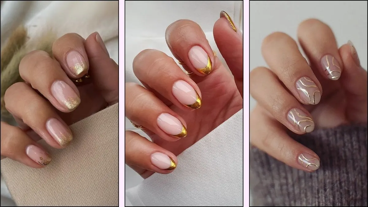 A collage of gold nail designs