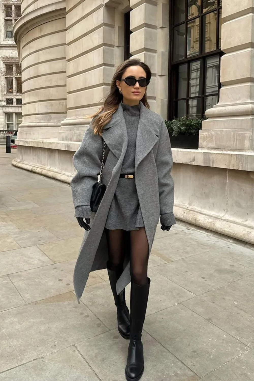 Gray Coat with Mini Dress & Knee-High Boots