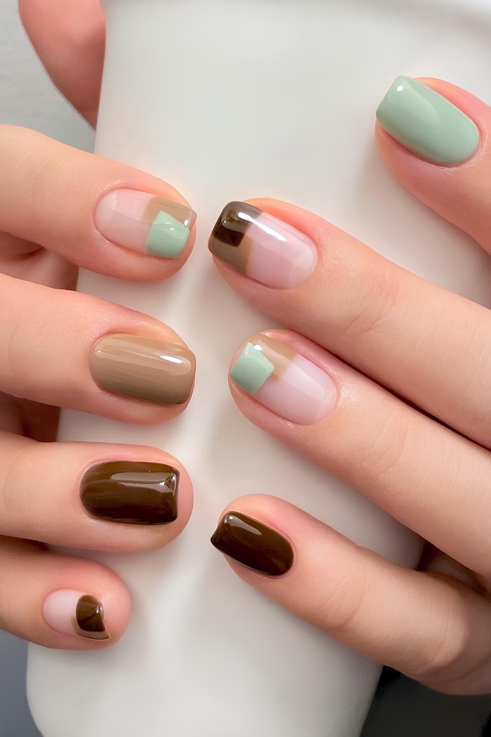 Green and brown Korean-inspired nails