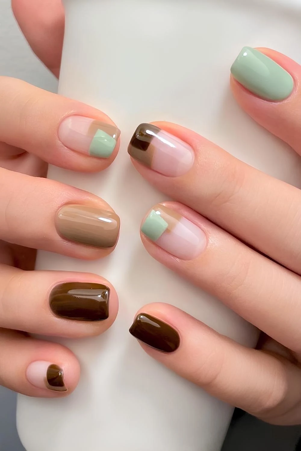 Green and brown Korean-inspired nails