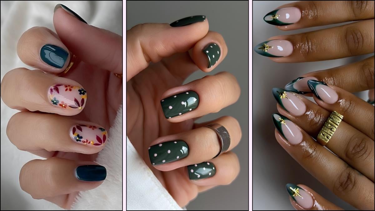 A collage of green nail designs for fall