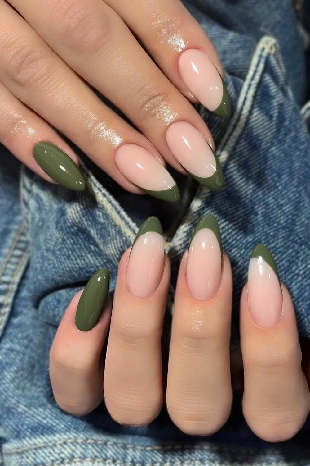 Green nails with accent French tips