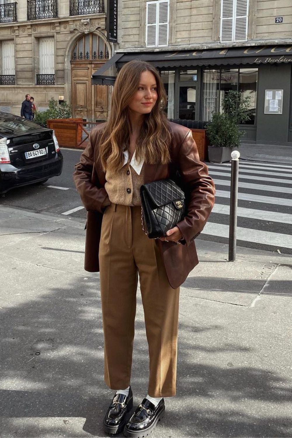 Leather Blazer & Tan Trousers