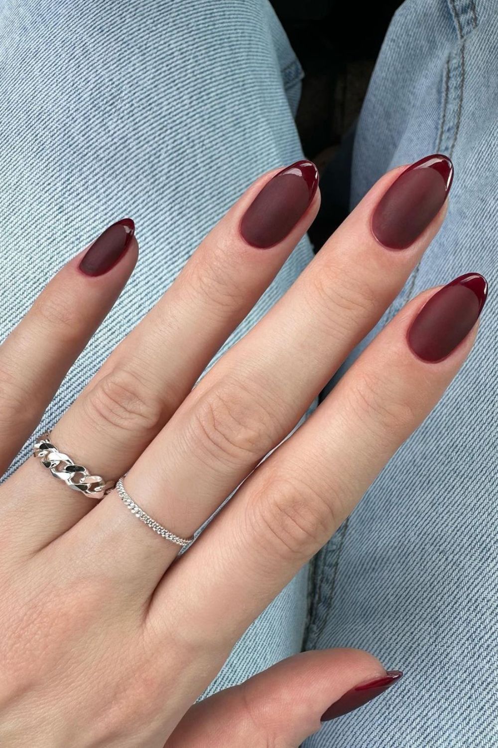 Matte burgundy nails with glossy french tips