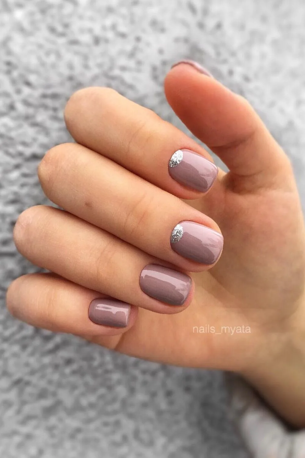 Mauve nails with silver half-moon accent