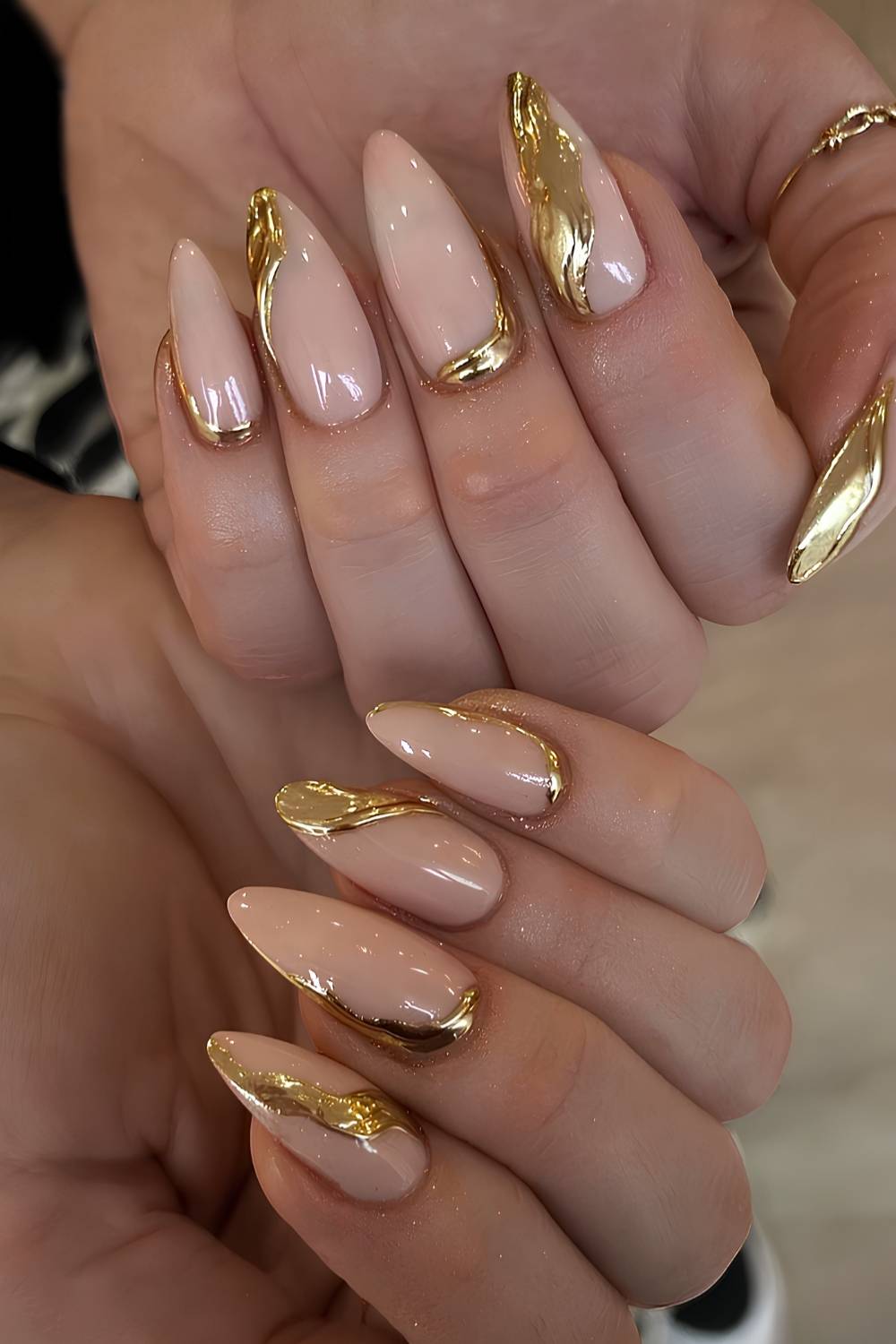 Milky nails with gold molten metal inspired art