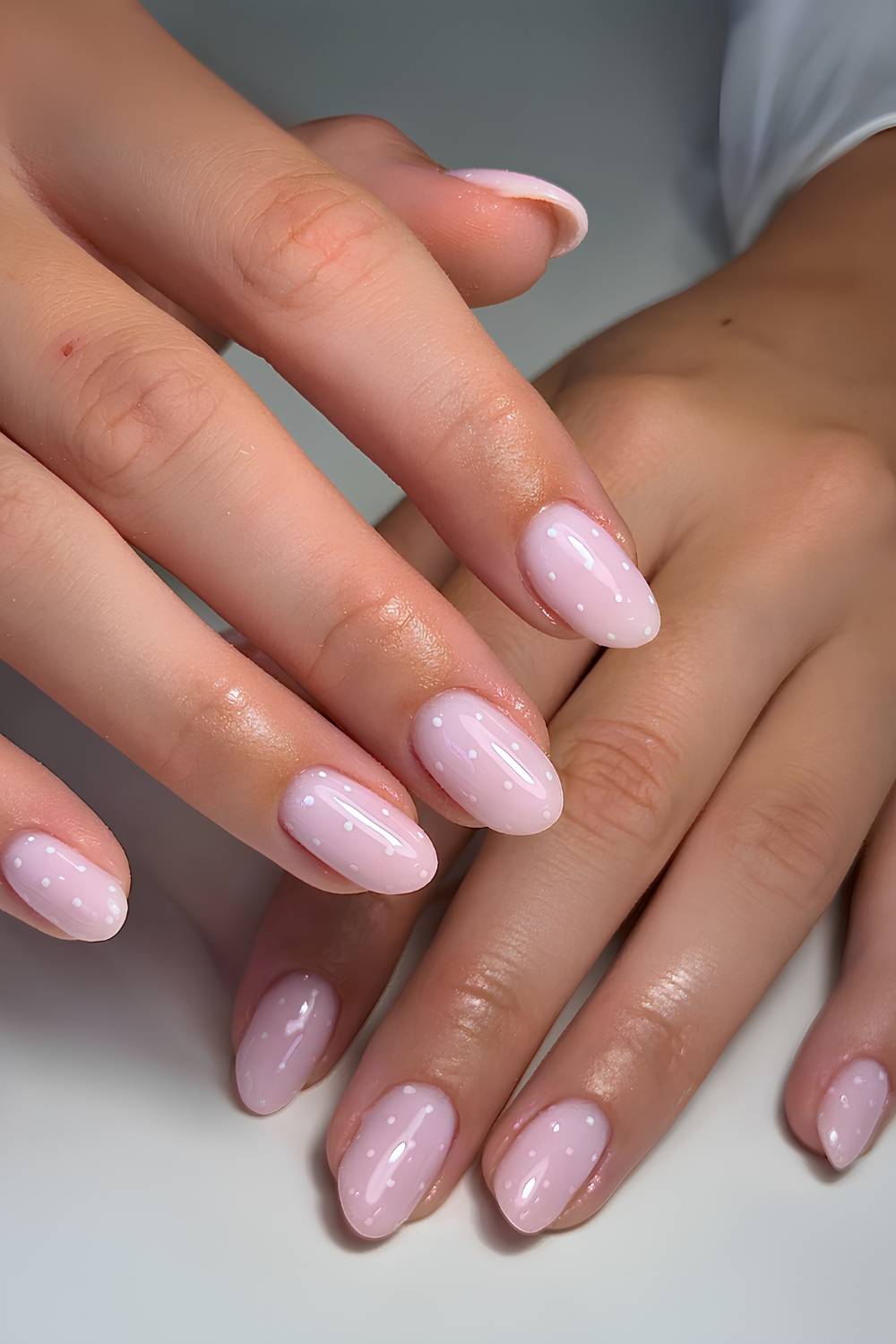 Milky pink manicure with polka dots