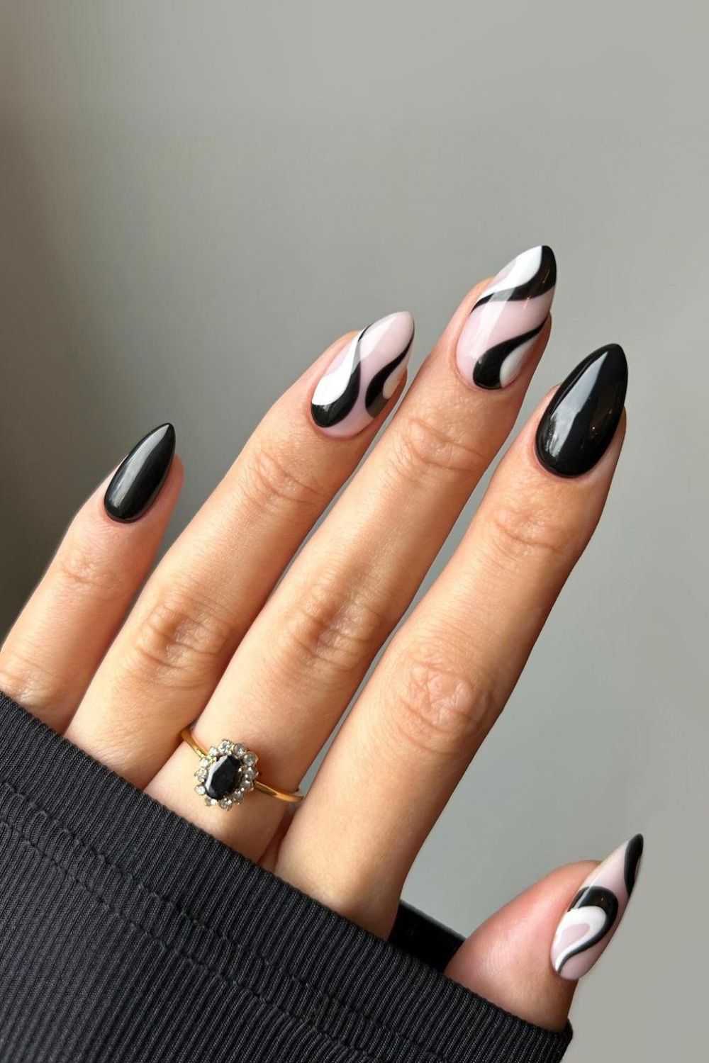 Nails with black and white swirls