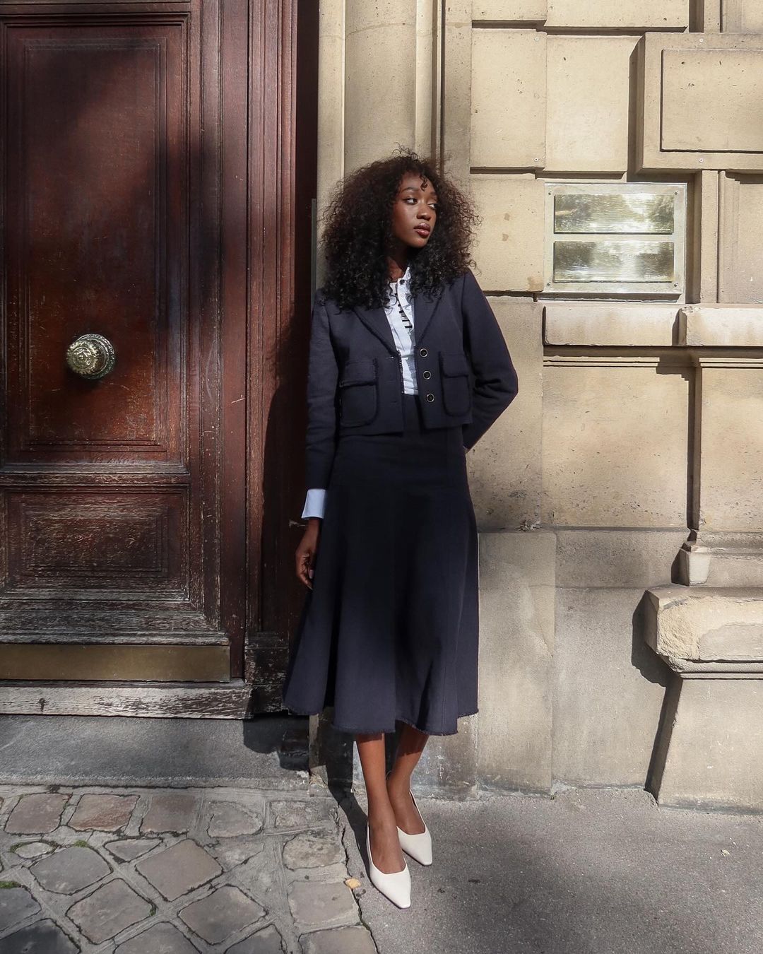 Navy Skirt Suit & White Heels