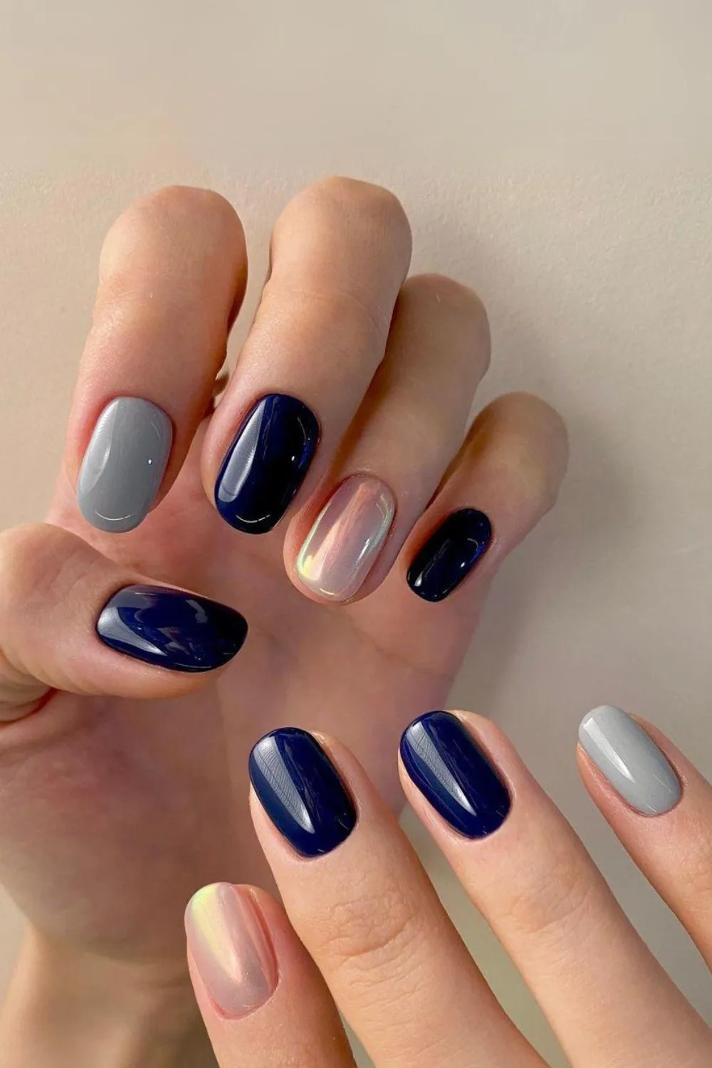 Navy and gray chrome nails