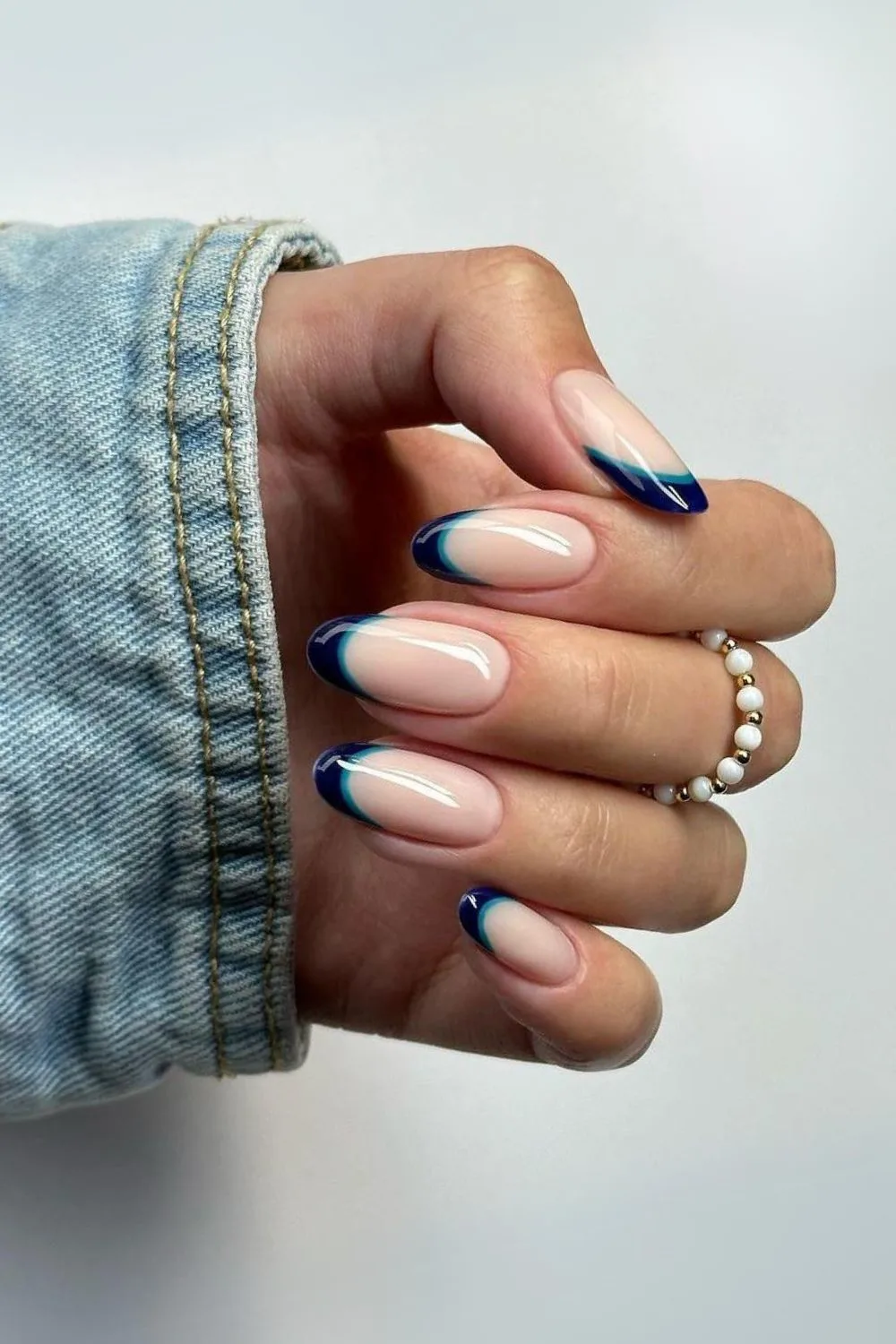 Navy and green double french tip nails