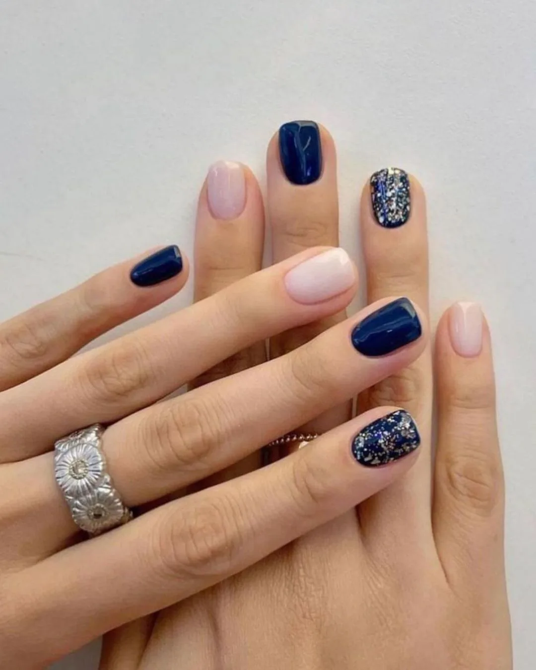 Navy and pink Korean mani with glitter